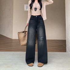 批发实拍实价~高街阔腿<b class='q'>牛仔</b>裤<b class='q'>女</b>新款显瘦高腰宽松复古假破洞直筒裤子