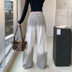 批发实拍实价~工装<b class='q'>牛仔</b>裤<b class='q'>女</b>秋季新款宽松显瘦渐变设计感毛边阔腿裤<b class='q'>潮</b>