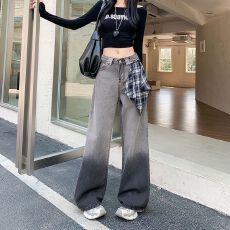 批发实拍实价~渐变高腰阔腿<b class='q'>牛仔</b>裤<b class='q'>女</b>新款小众美式复古显瘦宽松直筒裤