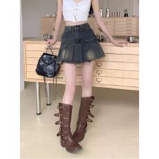 批发复古毛边牛仔百褶裙女夏季新款辣妹高腰<b class='q'>百搭</b>显瘦防走光a字短裙子