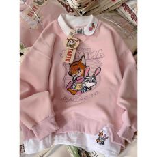 批发温柔风粉色卡通刺绣翻领<b class='q'>卫衣</b>男女秋季<b class='q'>宽松</b>甜美风假两件小众上衣潮