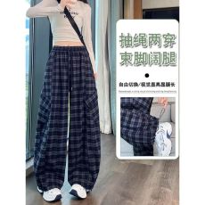 批发加绒加厚格子弯刀工装裤女秋冬<b class='q'>高腰</b>宽松复古两穿运动束脚<b class='q'>阔腿裤</b>子