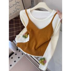 批发是心动呀~韩系风立体花朵长袖t恤叠穿针织<b class='q'>马甲</b>两件套女设计感上衣