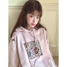 美式复古设计感字母贴布刺绣粉色连帽卫衣女秋款小众帽衫上衣
