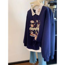 批发藏青色<b class='q'>刺绣</b>polo翻领卫衣女早秋新款假两件独特超火设计感减龄<b class='q'>上衣</b>