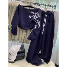 批发韩版慵懒穿搭辣妹斜领露肩字母印花短款卫衣阔腿裤休闲裤两件套