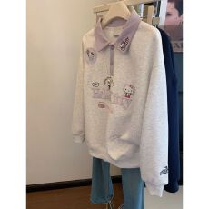 批发浅灰色<b class='q'>刺绣</b>polo翻领卫衣女2025秋季新款韩版撞色拼接减龄套头<b class='q'>上衣</b>