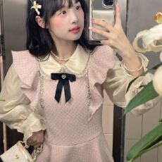 批发法式小香风粉色背带连衣裙女2025冬季甜美收腰<b class='q'>蓬蓬</b>裙富家千金套装