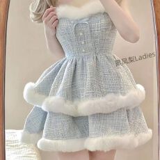 批发两件套 韩系秋冬季小香风千金小姐毛绒领外套2025吊带<b class='q'>蓬蓬</b><b class='q'>裙套装</b>