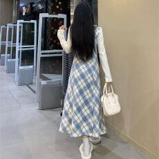 批发原版面料 学院风毛呢长袖假两件连衣裙女2025秋冬新款高腰长裙子