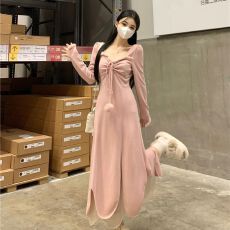 批发原版面料 纯欲粉色初恋连衣裙秋冬2025设计感不规则气质收腰长裙