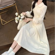 批发新中式盘扣改良旗袍长裙子秋冬2025加厚内搭磨毛蕾丝A字连衣裙女