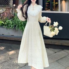 批发加绒里 新中式荷叶边立领改良旗袍裙子冬天内搭加绒蕾丝连衣裙女