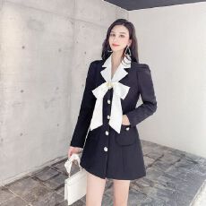 批发名媛小香风蝴蝶结设计感连衣裙女秋冬2025法式气质泡泡袖外套裙潮