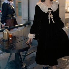 批发名媛娃娃领蝴蝶结连衣裙女小个子2025秋冬季时尚新款长袖丝绒裙子