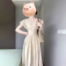 批发2025年夏季法式v领显瘦连衣裙子女长裙装高级感收腰中长款连衣裙