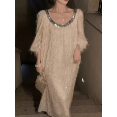 批发2025年早春新品宽松慵懒风氛围感气质长裙子女度假风连衣裙百搭