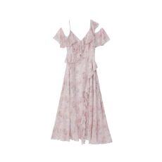 批发粉色碎花连衣裙夏女2025新款茶歇法式高级感不规则荷叶边雪纺长裙