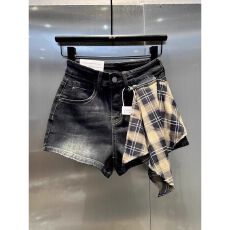 批发欧货2025秋季新款设计感格子拼接牛仔短裤女辣妹修身显瘦A字热裤