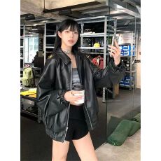 批发美式复古PU皮衣外套女秋季新款机车风高级感黑色宽松百搭夹克上衣