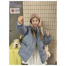 批发韩系格子连帽羽绒服女2025冬季新款小个子短款加厚保暖棉袄面包服