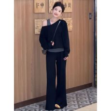 批发巨好看的早秋一整套韩系时尚减龄假两件斜肩长袖卫衣阔腿裤两件套