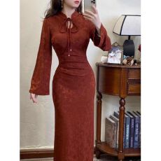 批发新中式秋<b class='q'>冬</b>国风改良旗袍红色礼服裙气质高级感大方得体的连衣裙子