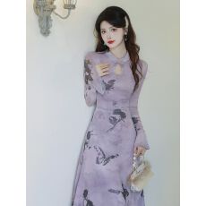 批发国风紫色印花旗袍连衣裙2025秋季年轻款新中式复古盘扣包臀长裙子