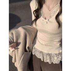 批发德绒 270 克 花边<b class='q'>V领</b>打底衫修身显示内搭上衣女秋