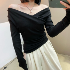 批发【官图 溜溜条羊绒260克】不规则一字肩打底衫<b class='q'>T</b><b class='q'>恤</b>女<b class='q'>露肩</b>上衣潮