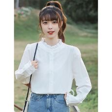 批发法式早春秋新款衬衫宽松立领女慵懒风衬衣木耳边清纯长袖上衣
