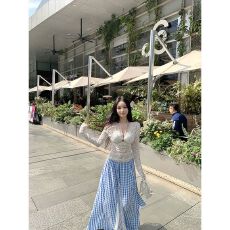 批发【腰头有蕾丝特别版本】蕾丝格子半身裙女高腰不规则半裙a字