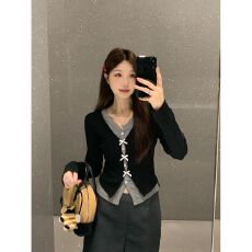 批发原版质量 长袖假两件T恤女秋季收腰显瘦撞色上衣小众<b class='q'>甜美</b>体恤