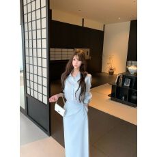 批发高级感假两件蓝色衬衫<b class='q'>连衣裙</b>女早秋季小众设计显瘦气质POLO<b class='q'>长裙</b>