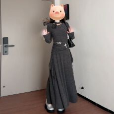 批发法式高级感灰色针织连衣裙子女秋冬季2025新款小个子穿搭一整套装