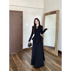 批发黑色新中式旗袍长袖<b class='q'>连衣裙</b>女早秋季高级感气质收腰生日礼服<b class='q'>长裙</b>子