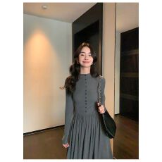 批发私享时刻 黑色长袖针织<b class='q'>连衣裙</b>女收腰修身气质打底裙<b class='q'>长裙</b>