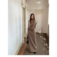 批发秋冬废土风内搭假两件长袖挂脖收腰长款<b class='q'>连衣裙</b>女