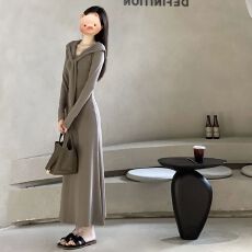 批发纯欲温柔气质拼接系带长袖针织<b class='q'>连衣裙</b>女早秋新款收腰显瘦<b class='q'>长裙</b>女装