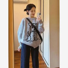 批发慵懒风松弛感毛衣女卡通可爱提花套头韩系秋冬新款软糯<b class='q'>针织衫</b>上衣