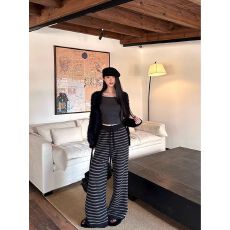 批发【官图 原版布料】咖色条纹阔腿裤女百搭休闲裤宽松显高长裤子