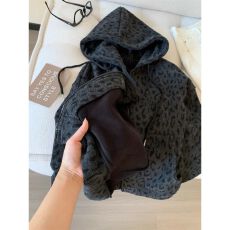 批发慵懒韩版桑加绒<b class='q'>卫衣</b><b class='q'>外套</b>女洋气复古深灰色豹纹连帽开衫冬