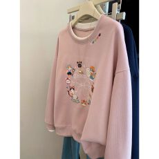 批发粉色双层圆领刺绣猫咪套头加绒<b class='q'>卫衣</b>女秋冬可爱风减龄宽松慵懒上衣