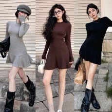 批发<b class='q'>荷叶边</b>半高领收腰<b class='q'>连衣裙</b>女秋冬显身材包臀小妈鱼尾裙打底内搭裙子