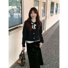 批发法式淑女三件套装温柔风针织开衫搭配波点打底衫女冬季高腰半身裙