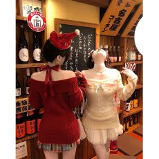 甜美圣诞新年一字肩红色针织毛衣女秋冬设计收腰宽松显瘦针织衫