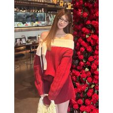 批发圣诞穿搭红色毛衣连衣裙女秋冬季蝴蝶结绝美针织衫宽松一字肩上衣