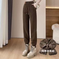 批发羊羔绒哈伦<b class='q'>运动裤</b>女士秋冬大码高腰加绒加厚小个子雪尼尔束脚卫裤
