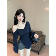 批发链条长袖<b class='q'>卫衣</b>女设计感修身褶皱美式辣妹斜领不规则露肩上衣<b class='q'>男</b>女