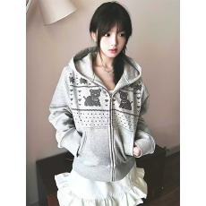 批发曼巴棉300克<b class='q'>小熊</b>灰色连帽<b class='q'>卫衣</b>收腰短款拉链开衫外套